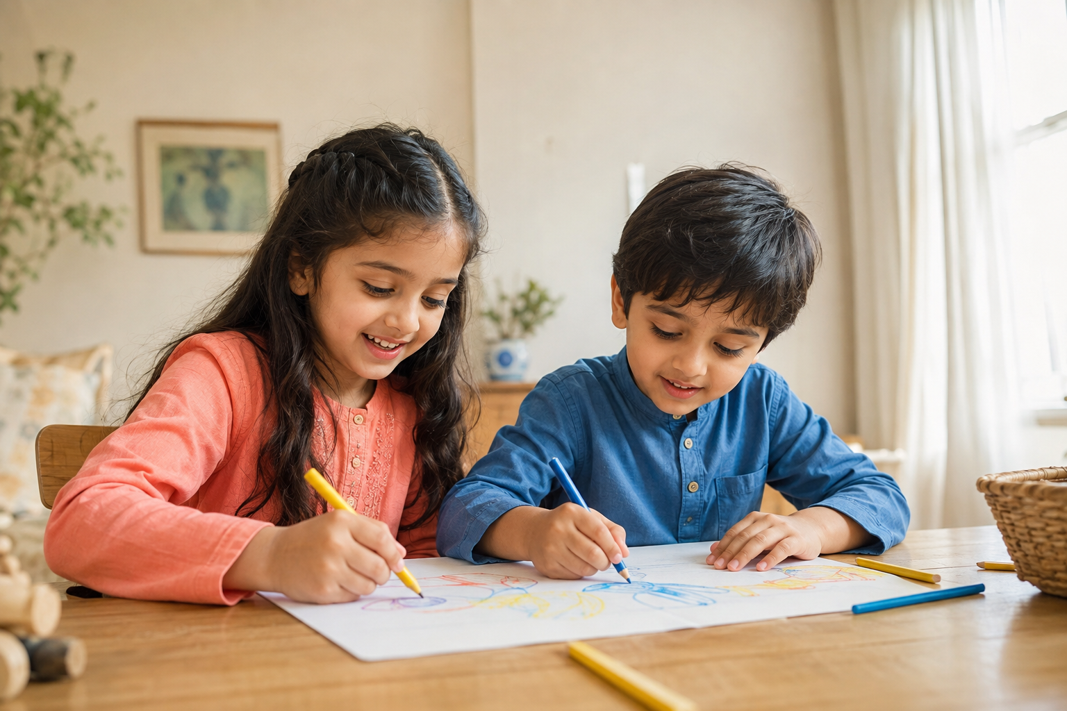 Two children enjoying drawing together at home